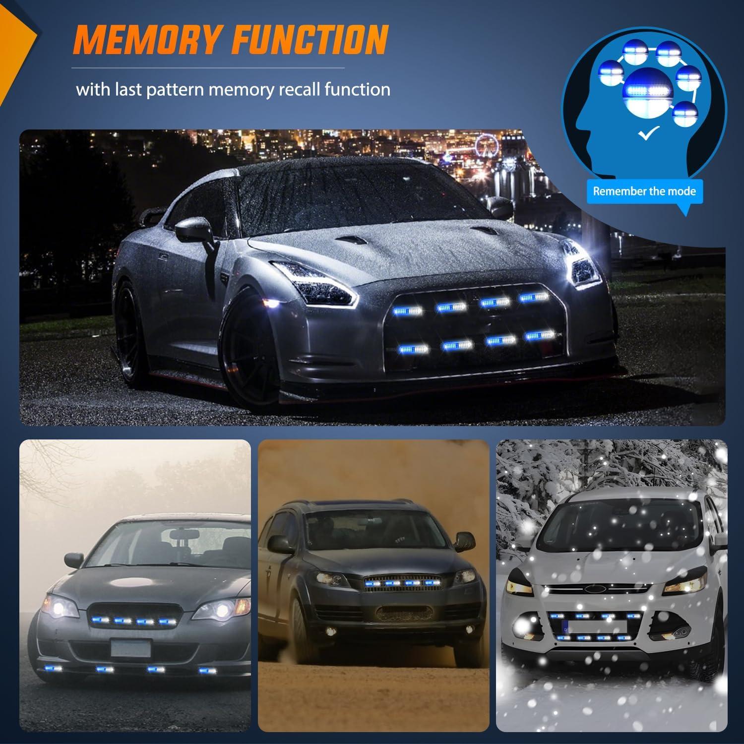 imageNilight 8PCS Led Strobe Lights with Controller 12V 24V Sync Feature Blue White Strobe Light 12 LED Surface Mount Emergency Hazard Warning Lights with Strobe Controller for Vehicle Car Truck RV ATV