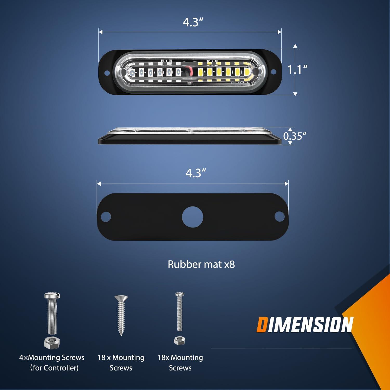 imageNilight 8PCS Led Strobe Lights with Controller 12V 24V Sync Feature Blue White Strobe Light 12 LED Surface Mount Emergency Hazard Warning Lights with Strobe Controller for Vehicle Car Truck RV ATV