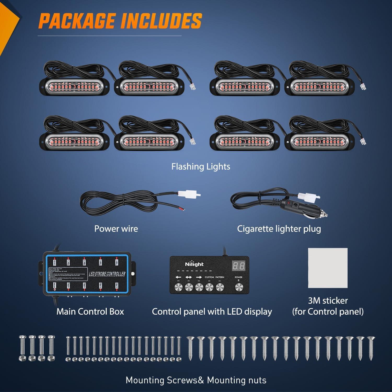 imageNilight 8PCS Led Strobe Lights with Controller 12V 24V Sync Feature Red Strobe Light 12 LED Surface Mount Emergency Hazard Warning Lights with Strobe Controller for Vehicle Car Truck RV ATV