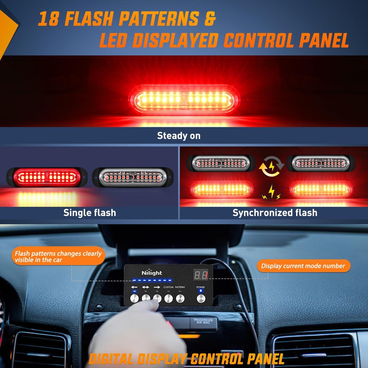imageNilight 8PCS Led Strobe Lights with Controller 12V 24V Sync Feature Red Strobe Light 12 LED Surface Mount Emergency Hazard Warning Lights with Strobe Controller for Vehicle Car Truck RV ATV