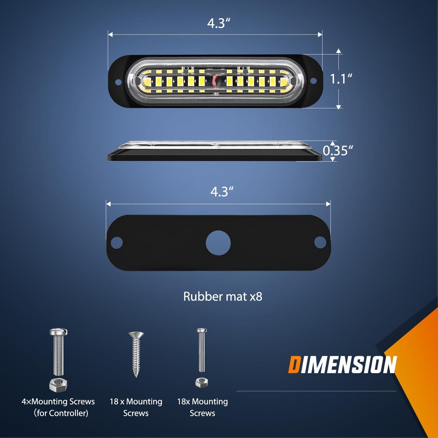 imageNilight 8PCS Led Strobe Lights with Controller 12V 24V Sync Feature White Strobe Light 12 LED Surface Mount Emergency Hazard Warning Lights with Strobe Controller for Vehicle Car Truck RV ATV