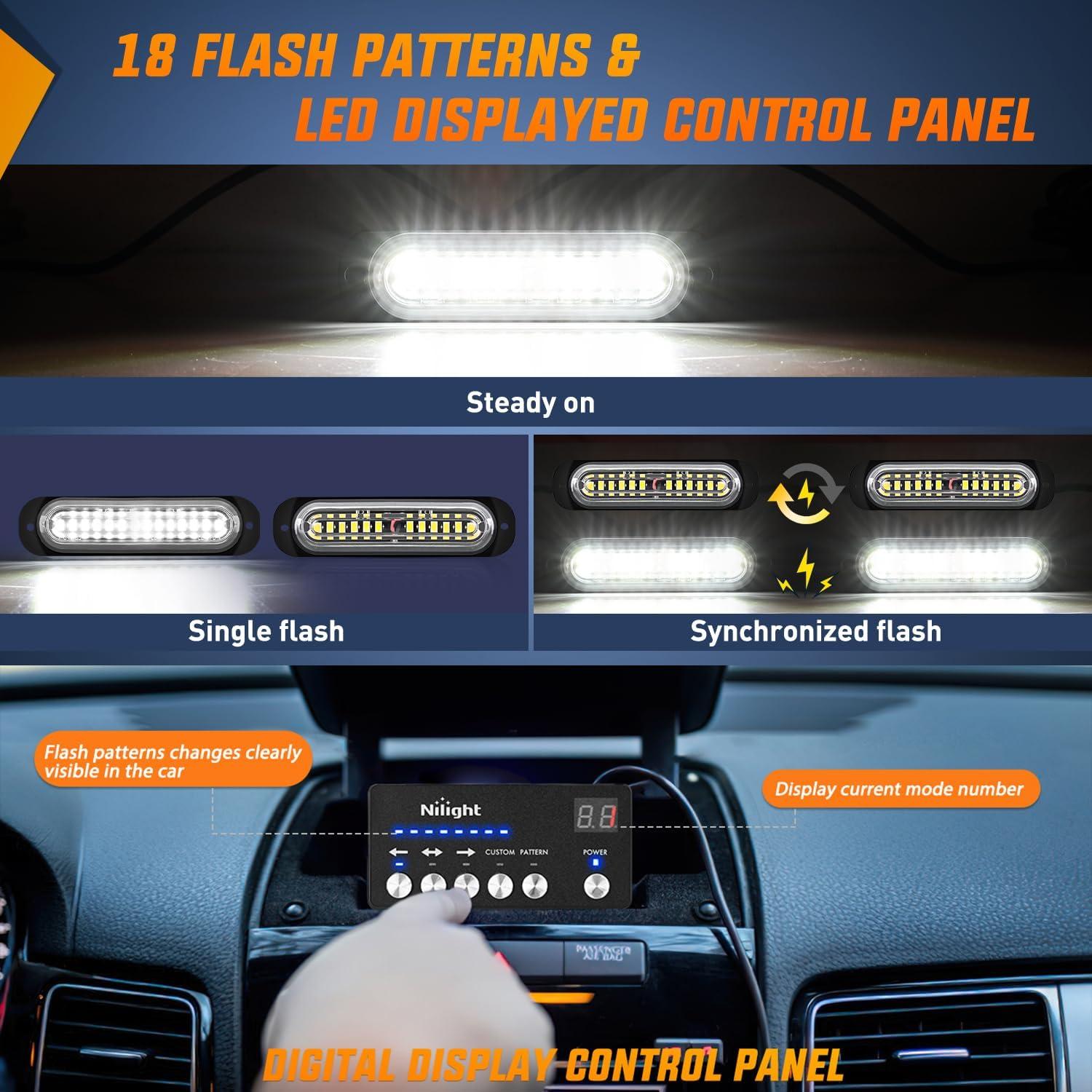 imageNilight 8PCS Led Strobe Lights with Controller 12V 24V Sync Feature White Strobe Light 12 LED Surface Mount Emergency Hazard Warning Lights with Strobe Controller for Vehicle Car Truck RV ATV