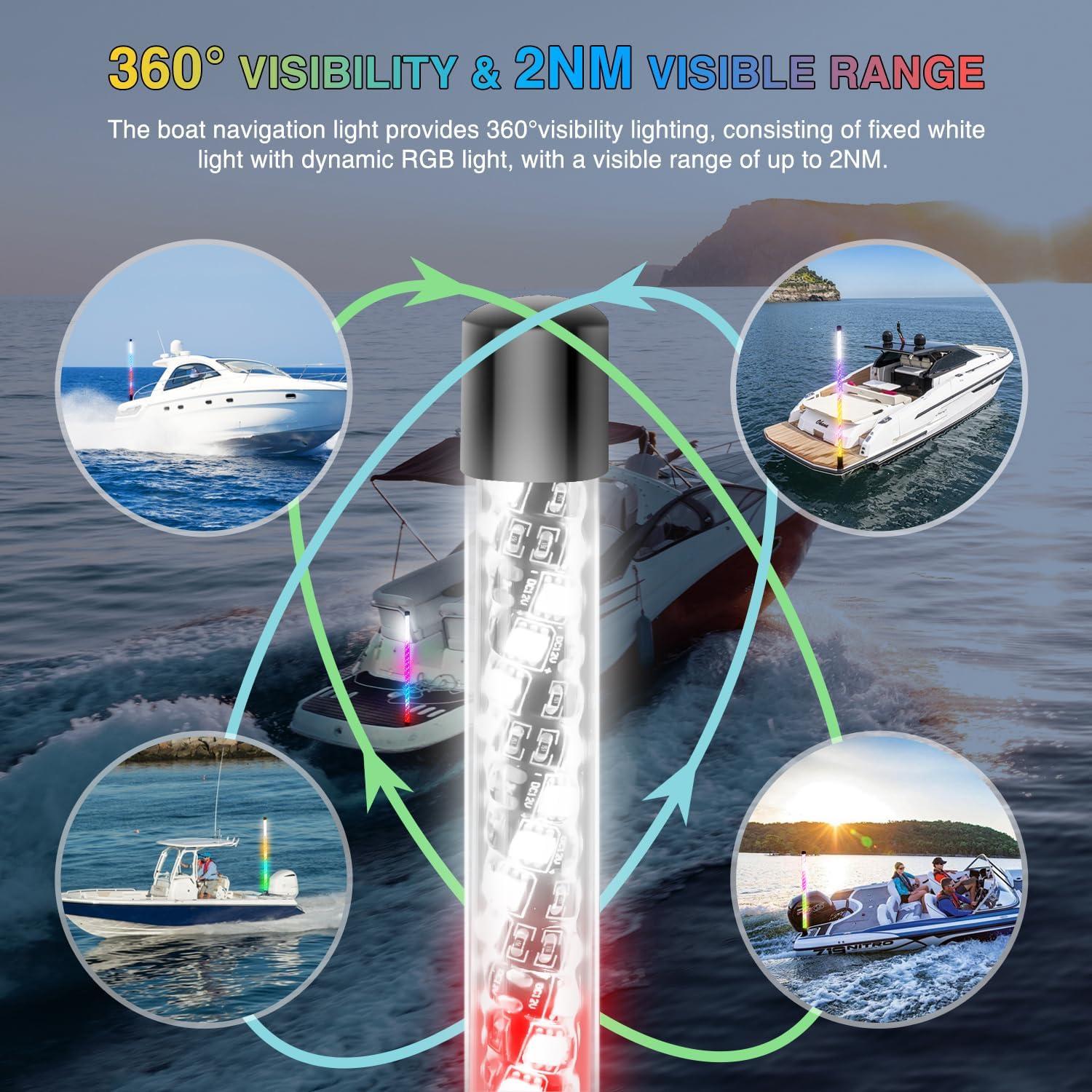 imageNilight Boat Navigation Light 4FT Spiral LED Whip Lights 360 Visibility 2NM Coast Guard Compliant 400 Patterns with Remote Plugin Base Boats Stern Navlight for Night Fishing Yacht Pontoon