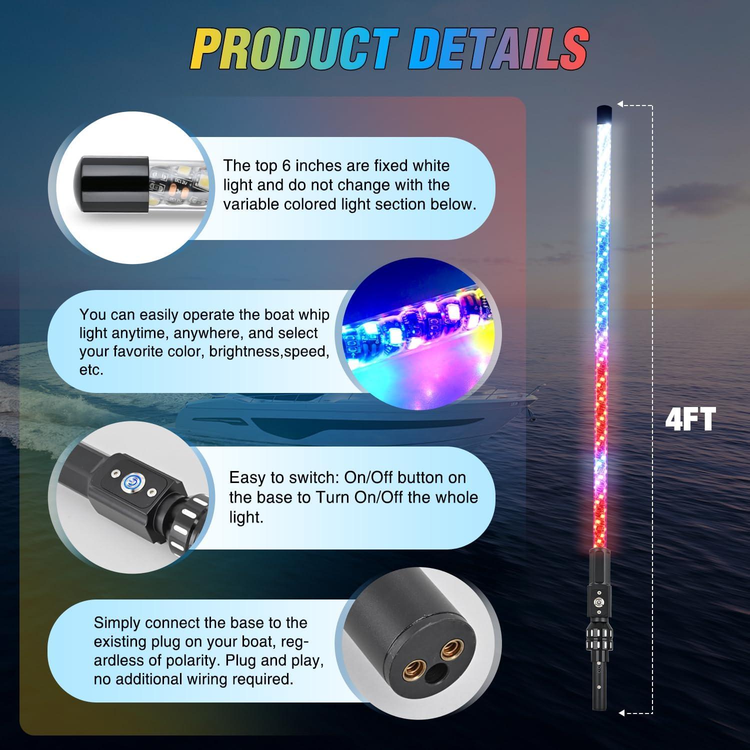 imageNilight Boat Navigation Light 4FT Spiral LED Whip Lights 360 Visibility 2NM Coast Guard Compliant 400 Patterns with Remote Plugin Base Boats Stern Navlight for Night Fishing Yacht Pontoon