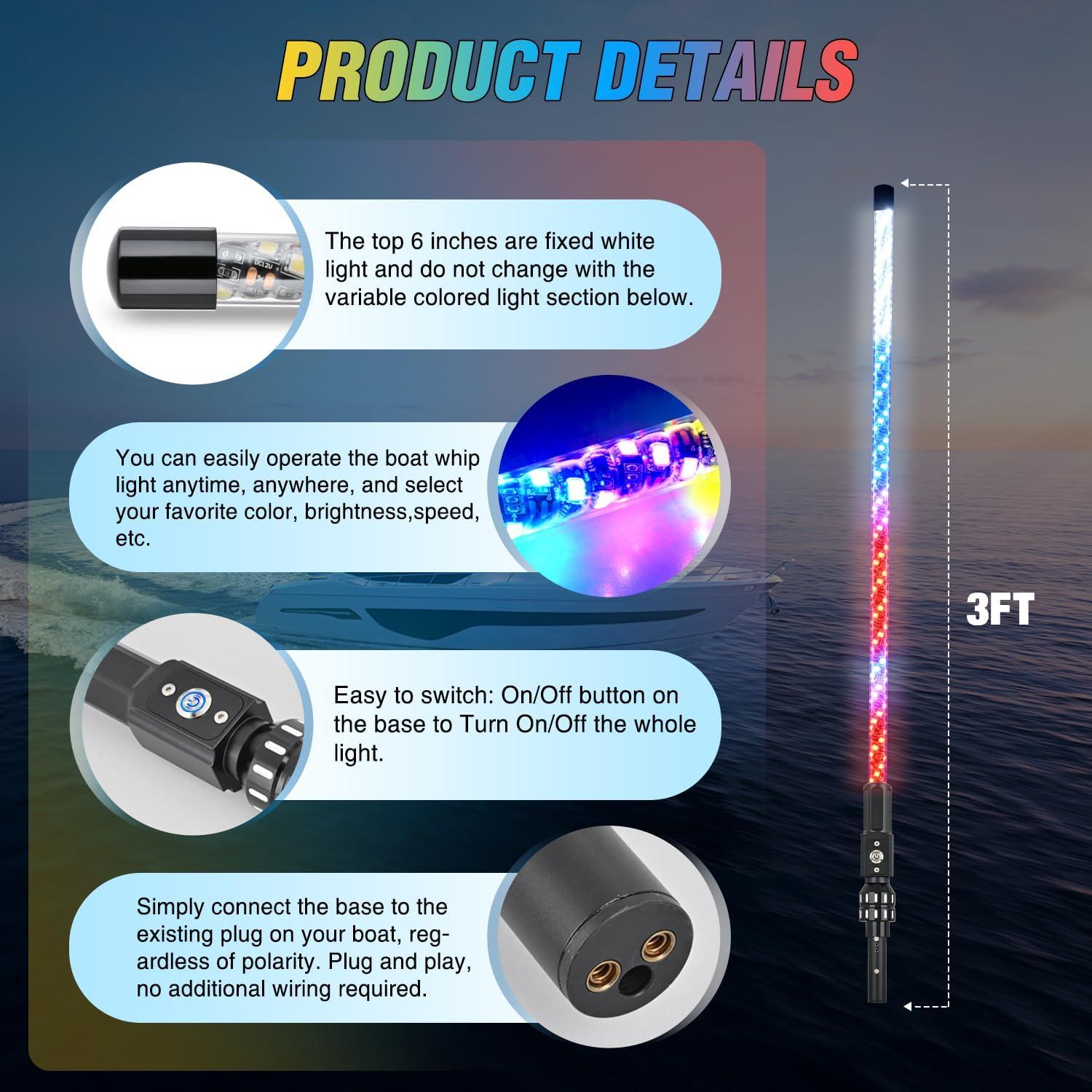 imageNilight Boat Navigation Whip Light 3FT 360 Visibility 2NM Coast Guard Compliant 400 Patterns with Remote Plugin Base LED Spiral Boats Stern Lights for Night Fishing Yacht Pontoon Accessories