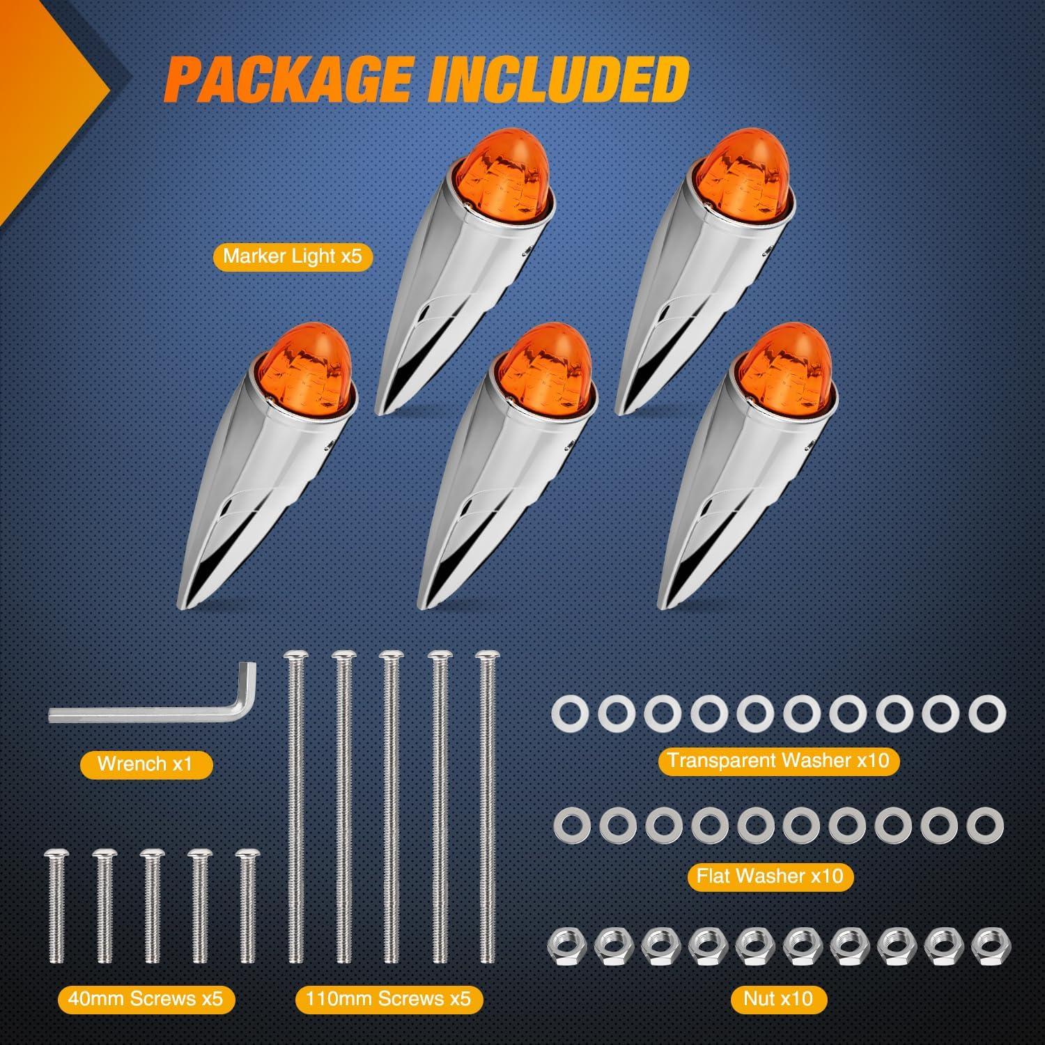 imageNilight Cab Roof Marker Light 5 PCS 18 LED Amber Torpedo Top Clearance Indicator Lights Waterproof Surface Mount for Heavy Duty Trucks Trailer Camper RV Tractor