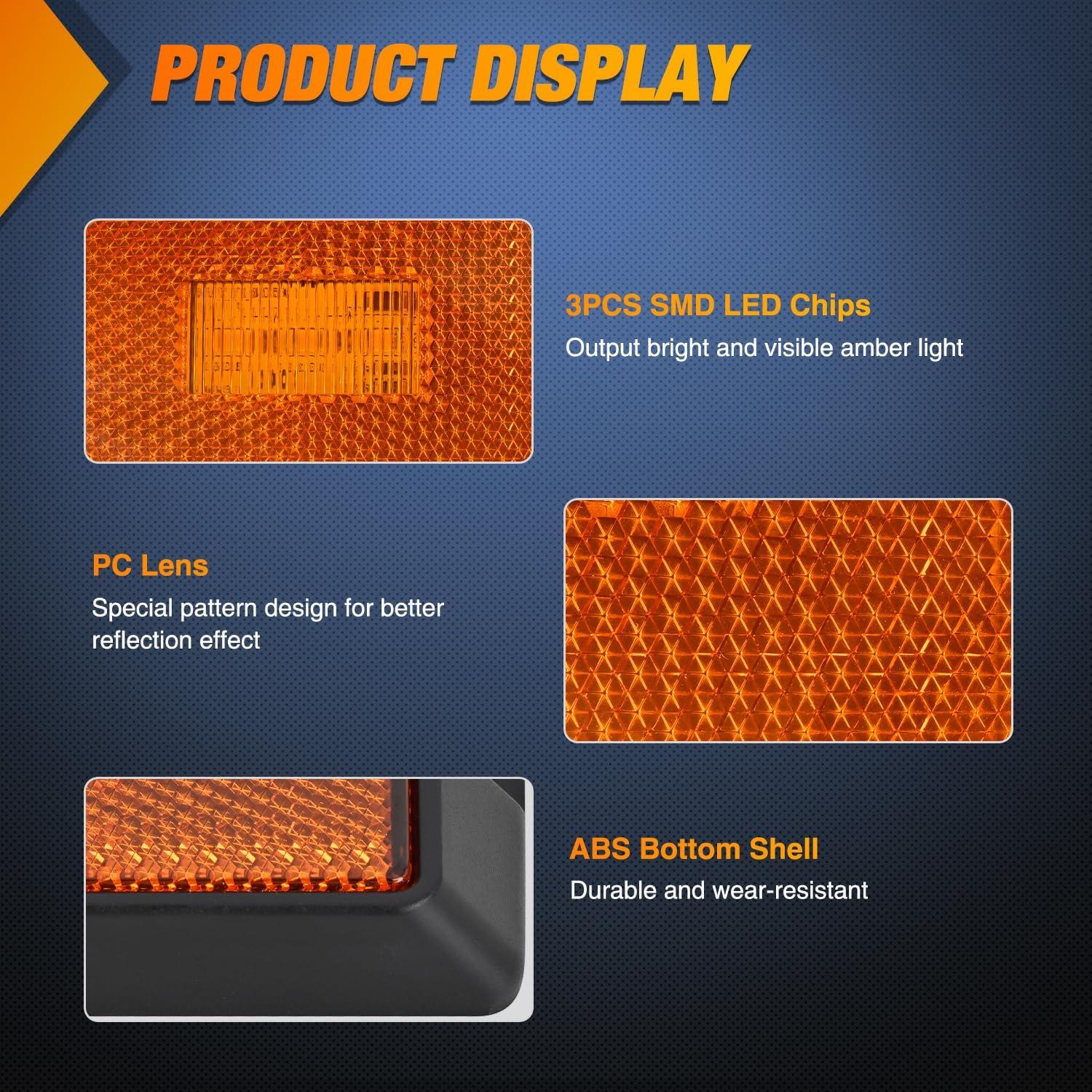 imageNilight Side Marker Light 2PCS Square 3LED Amber Front Rear Indicator Clearance Lights Reflective Lens Surface Mounted Waterproof for 12V Truck Trailer Boat RV