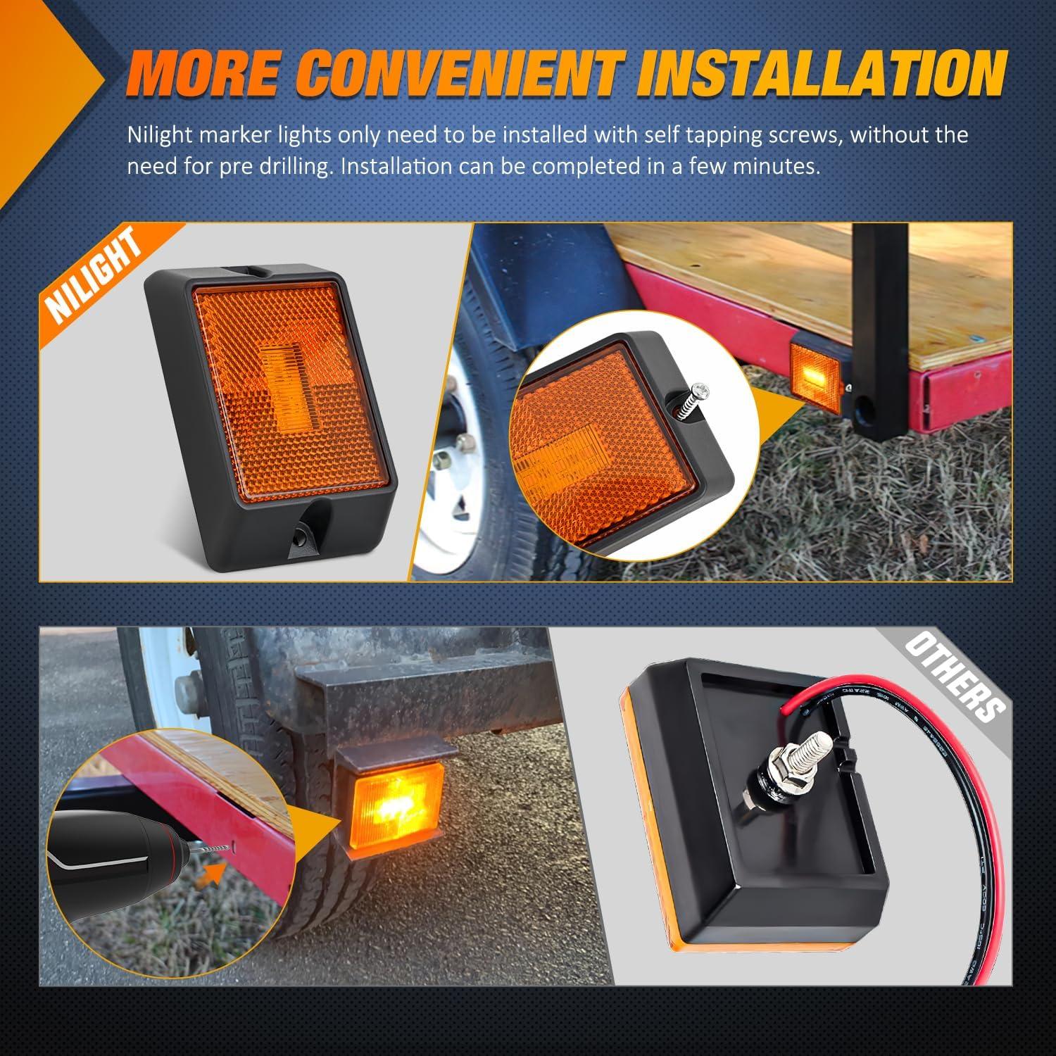 imageNilight Side Marker Light 4PCS Square 3LED Amber Front Rear Indicator Clearance Lights Reflective Lens Surface Mounted Waterproof for 12V Truck Trailer Boat RV