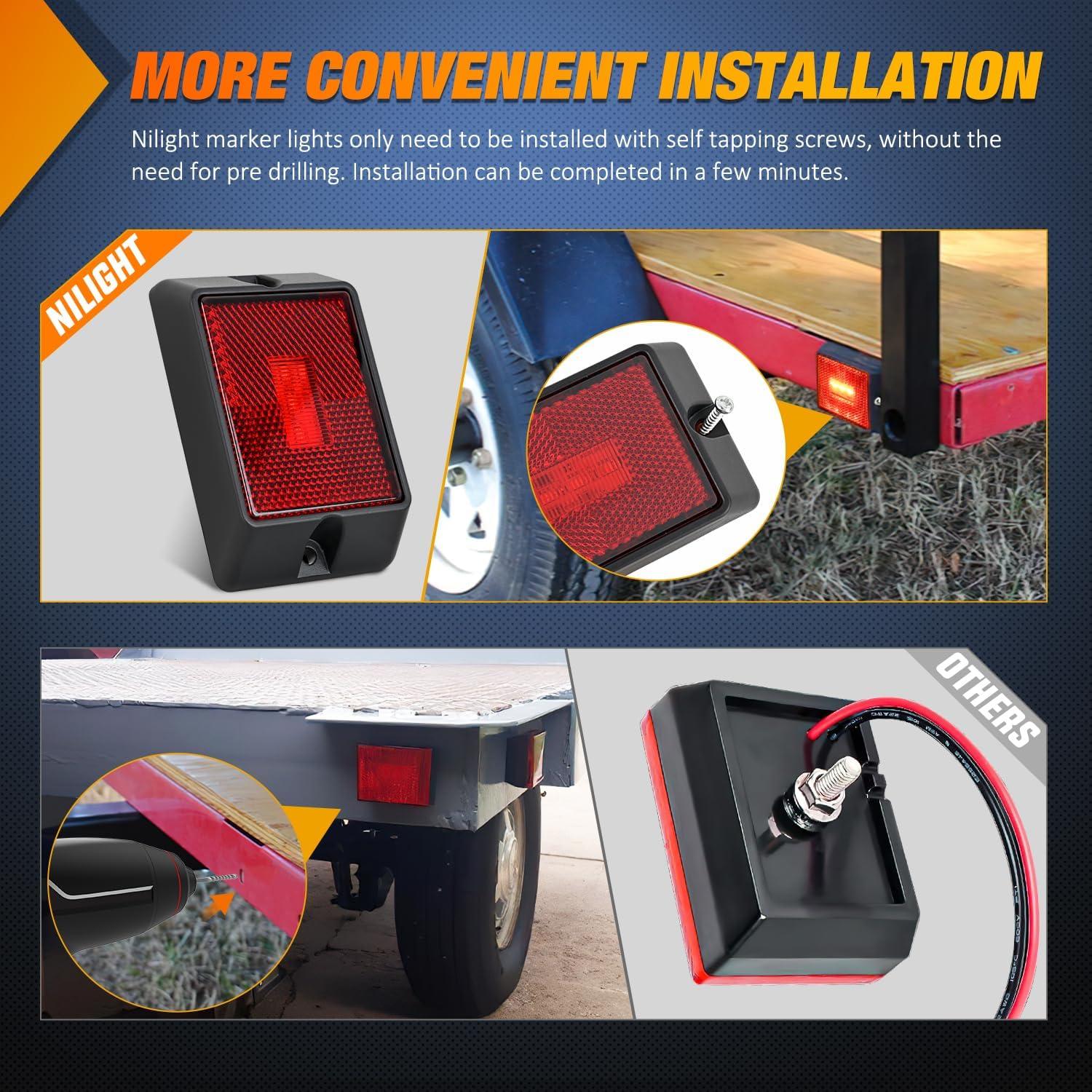 imageNilight Side Marker Light 4PCS Square 3LED Red Amber Front Rear Clearance Indicator Lights Reflective Lens Surface Mounted Waterproof for 12V Truck Trailer RV Boat