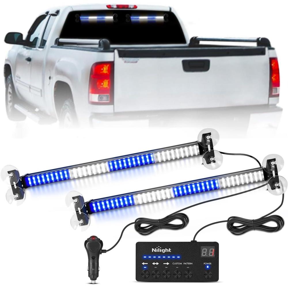 imageNilight 144LED Traffic Advisor Strobe Light Bar with Controller Amber Emergency Warning Hazard InteriorFrontRear Windshield Flashing for Cars Plow Trucks Construction VehiclesBlue White