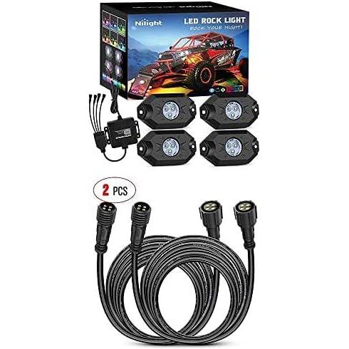 imageNilight 4 pods RGB LED Rock Lights Kit Underglow Multicolor Neon Light Pod with 2 Pack 10FT 4 Pin RGB Rock Light Extension Wire Cable Cord2 Years Warranty