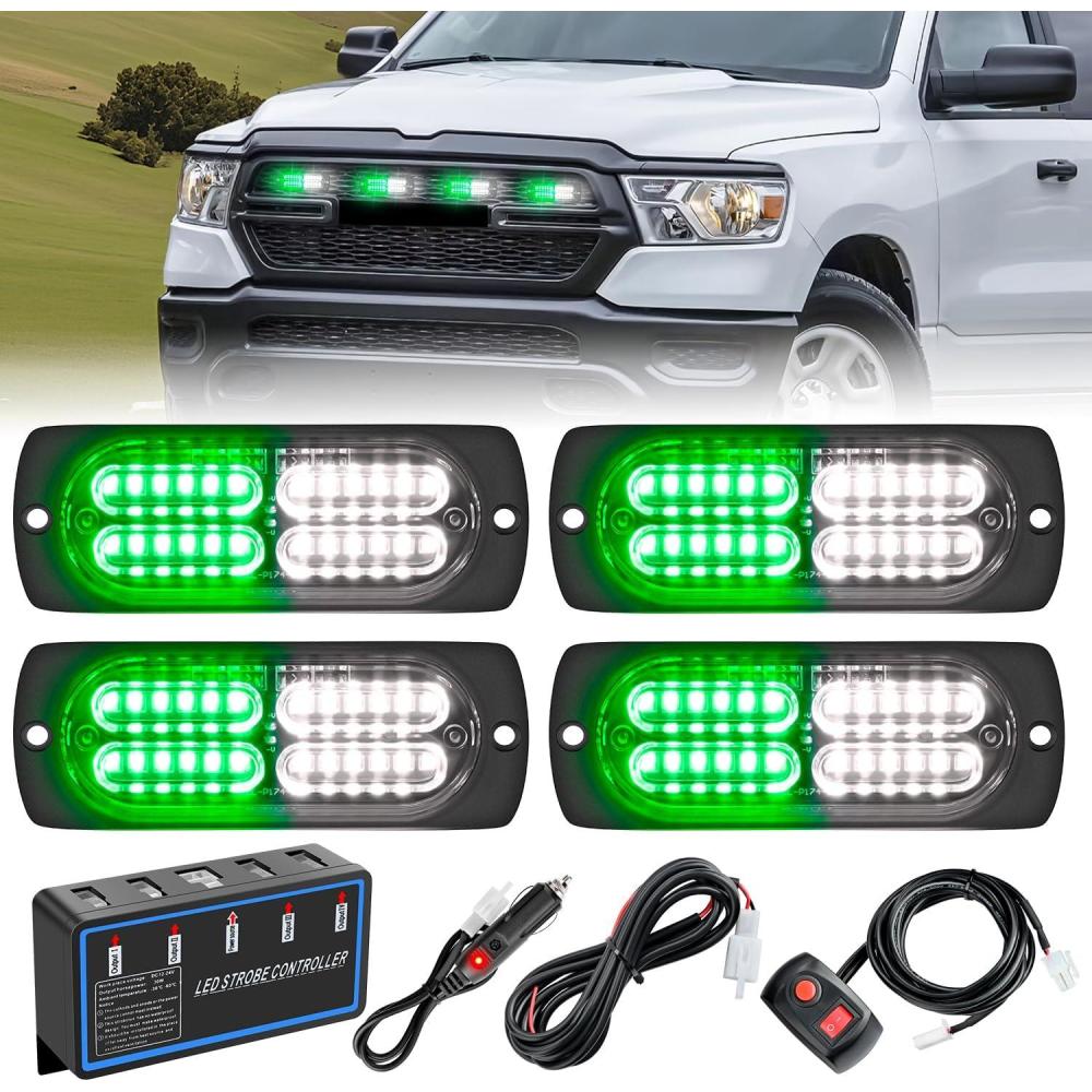 imageNilight 4PCS LED Strobe lights 12V 24V Sync Feature Amber Green 24LED Emergency Hazard Warning Lights with Controller Hard Wire or Cigarette Lighter Plug for Car Truck RVs CampersGreen White