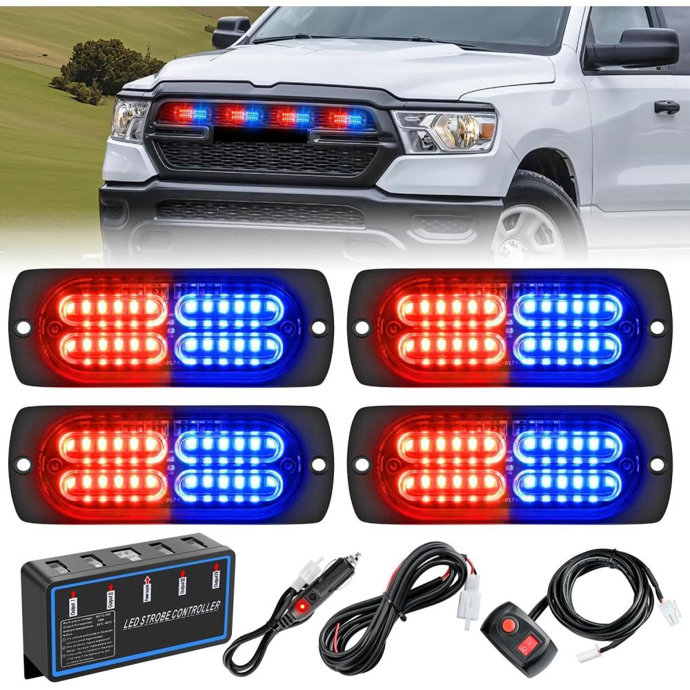 imageNilight 4PCS LED Strobe lights 12V 24V Sync Feature Amber Green 24LED Emergency Hazard Warning Lights with Controller Hard Wire or Cigarette Lighter Plug for Car Truck RVs CampersRed Blue