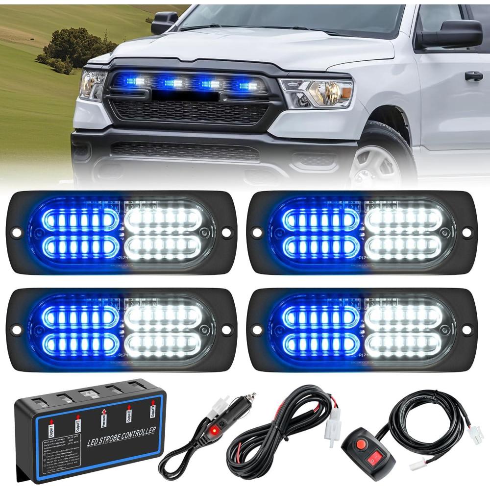 imageNilight 4PCS LED Strobe lights 12V 24V Sync Feature Amber Green 24LED Emergency Hazard Warning Lights with Controller Hard Wire or Cigarette Lighter Plug for Car Truck RVs CampersBlue White