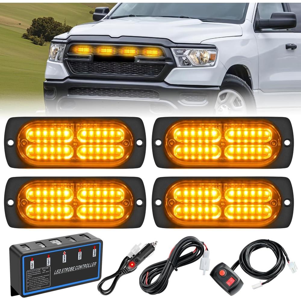 imageNilight 4PCS LED Strobe lights 12V 24V Sync Feature Amber Green 24LED Emergency Hazard Warning Lights with Controller Hard Wire or Cigarette Lighter Plug for Car Truck RVs CampersAmber