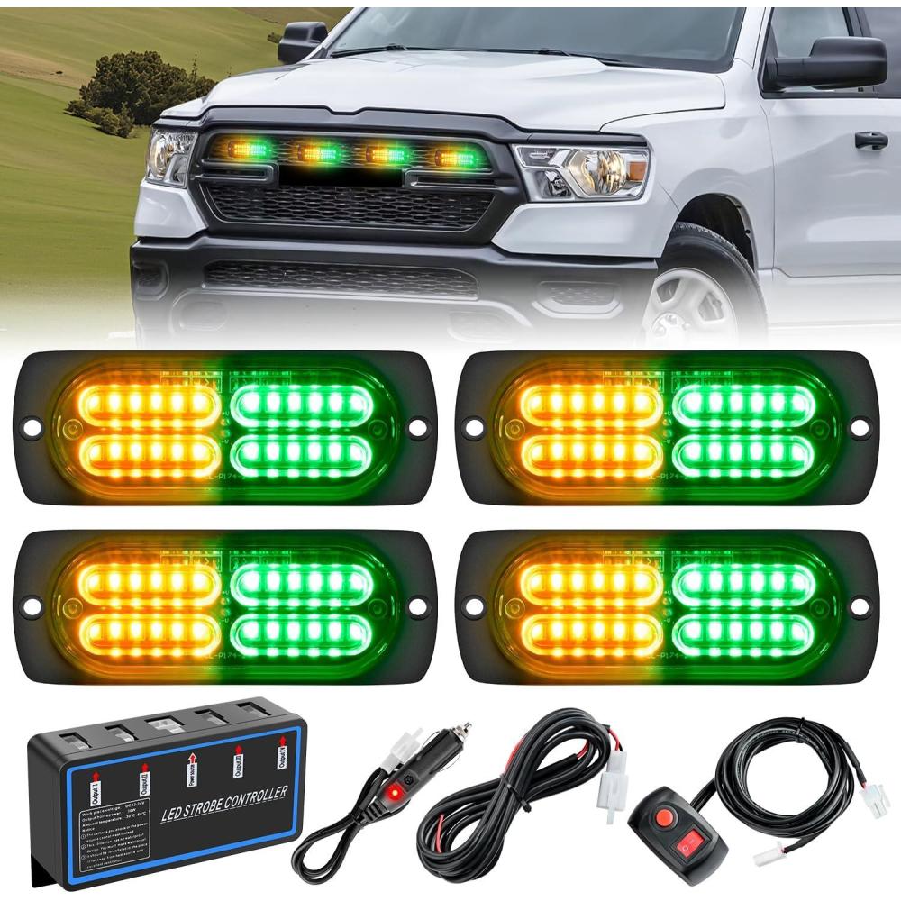 imageNilight 4PCS LED Strobe lights 12V 24V Sync Feature Amber Green 24LED Emergency Hazard Warning Lights with Controller Hard Wire or Cigarette Lighter Plug for Car Truck RVs CampersAmber Green