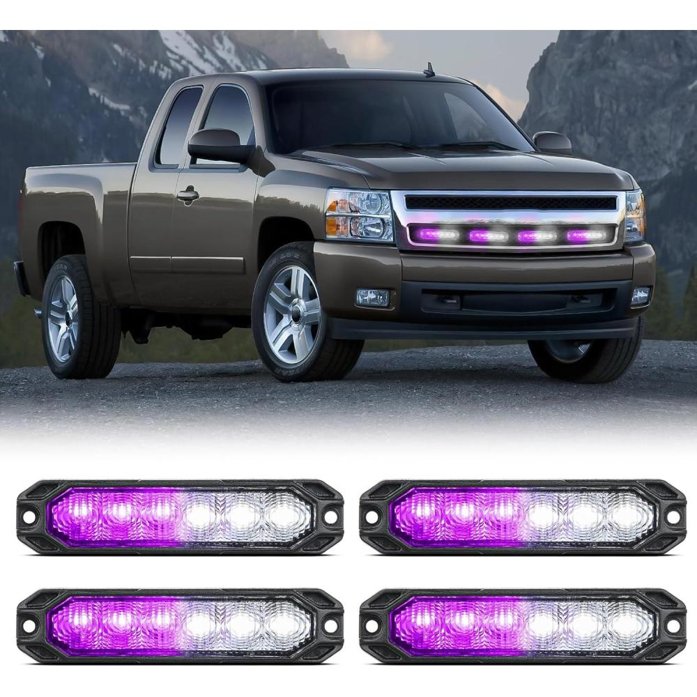 imageNilight 6LED Emergency Strobe Lights 4PCS Ultra Slim Surface Mount Hazard Caution Light bar 1224V Sync Feature Warning Flashing Light kit for Truck Car Vehicle ATV SUV UTV Purple and WhitePurple and White