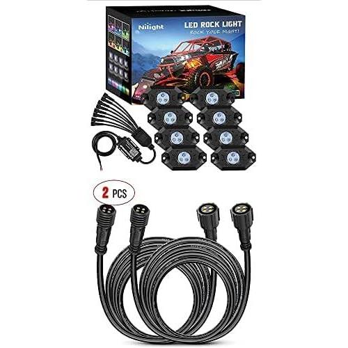 imageNilight 8 pods RGB LED Rock Lights Kit Underglow Multicolor Neon Light Pod with 2 Pack 10FT 4 Pin RGB Rock Light Extension Wire Cable Cord2 Years Warranty