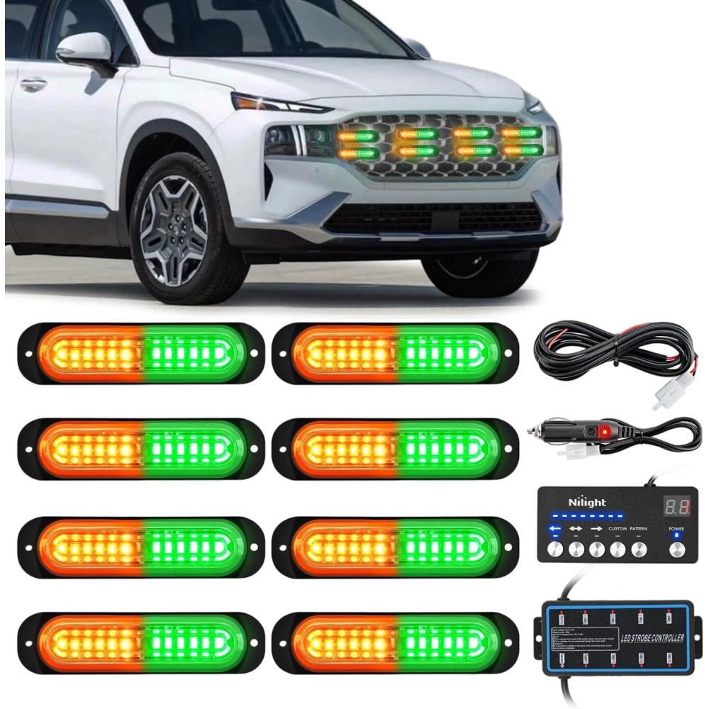 imageNilight 8PCS Led Strobe Lights with Controller 12V 24V Sync Feature Amber Green Strobe Light 12 LED Surface Mount Emergency Hazard Warning Lights with Strobe Controller for Vehicle Car Truck RV ATV