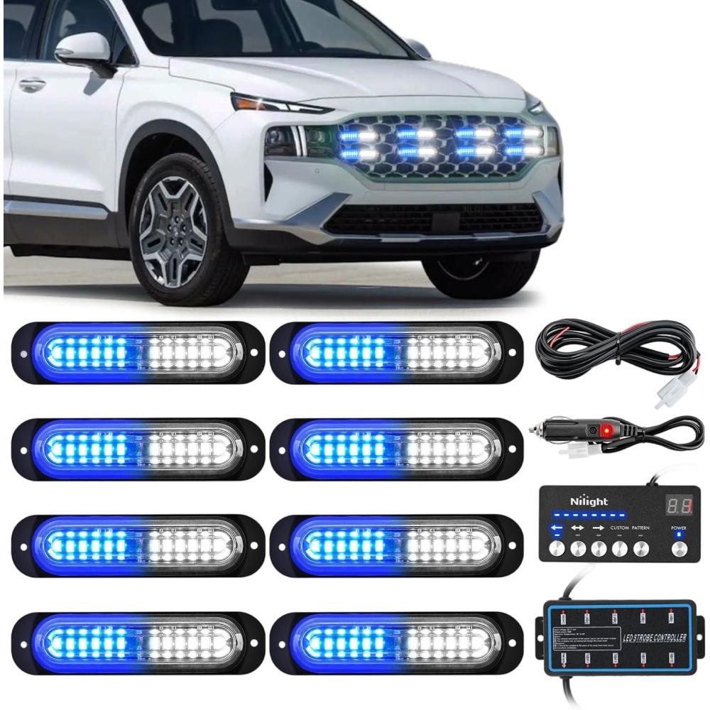 imageNilight 8PCS Led Strobe Lights with Controller 12V 24V Sync Feature Blue White Strobe Light 12 LED Surface Mount Emergency Hazard Warning Lights with Strobe Controller for Vehicle Car Truck RV ATV