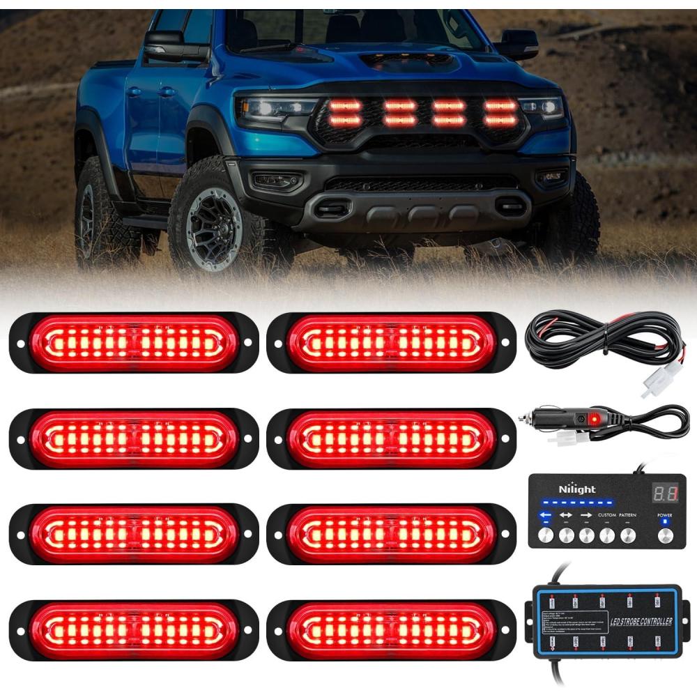 imageNilight 8PCS Led Strobe Lights with Controller 12V 24V Sync Feature Red Strobe Light 12 LED Surface Mount Emergency Hazard Warning Lights with Strobe Controller for Vehicle Car Truck RV ATV