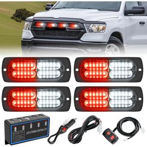imageNilight 4PCS LED Strobe lights 12V 24V Sync Feature Amber Green 24LED Emergency Hazard Warning Lights with Controller Hard Wire or Cigarette Lighter Plug for Car Truck RVs CampersRed White