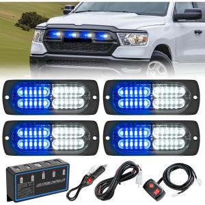 imageNilight 4PCS LED Strobe lights 12V 24V Sync Feature Amber Green 24LED Emergency Hazard Warning Lights with Controller Hard Wire or Cigarette Lighter Plug for Car Truck RVs CampersBlue White