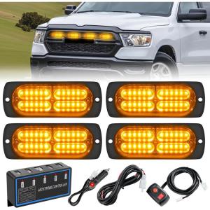 imageNilight 4PCS LED Strobe lights 12V 24V Sync Feature Amber Green 24LED Emergency Hazard Warning Lights with Controller Hard Wire or Cigarette Lighter Plug for Car Truck RVs CampersAmber