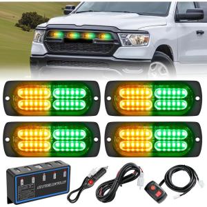 imageNilight 4PCS LED Strobe lights 12V 24V Sync Feature Amber Green 24LED Emergency Hazard Warning Lights with Controller Hard Wire or Cigarette Lighter Plug for Car Truck RVs CampersAmber Green