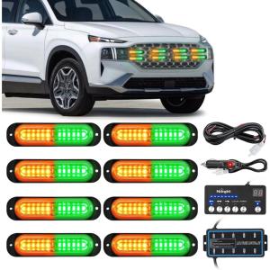 imageNilight 8PCS Led Strobe Lights with Controller 12V 24V Sync Feature Amber Green Strobe Light 12 LED Surface Mount Emergency Hazard Warning Lights with Strobe Controller for Vehicle Car Truck RV ATV