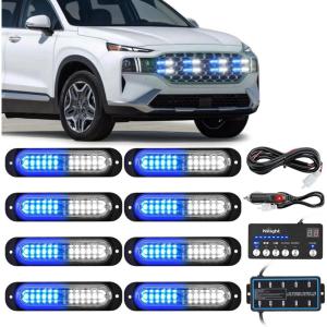 imageNilight 8PCS Led Strobe Lights with Controller 12V 24V Sync Feature Blue White Strobe Light 12 LED Surface Mount Emergency Hazard Warning Lights with Strobe Controller for Vehicle Car Truck RV ATV
