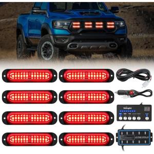 imageNilight 8PCS Led Strobe Lights with Controller 12V 24V Sync Feature Red Strobe Light 12 LED Surface Mount Emergency Hazard Warning Lights with Strobe Controller for Vehicle Car Truck RV ATV