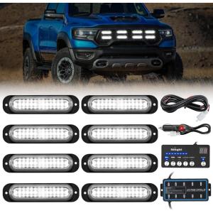 imageNilight 8PCS Led Strobe Lights with Controller 12V 24V Sync Feature White Strobe Light 12 LED Surface Mount Emergency Hazard Warning Lights with Strobe Controller for Vehicle Car Truck RV ATV