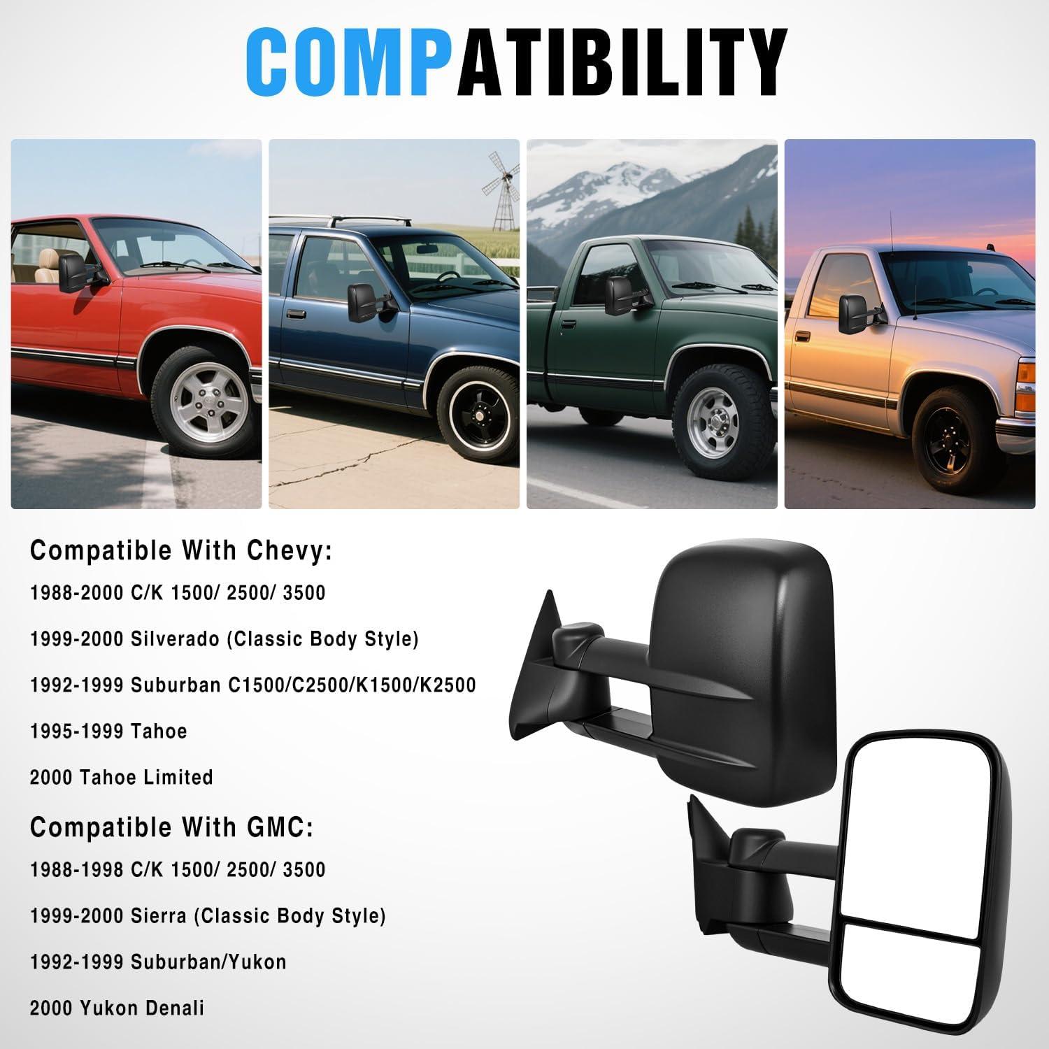 imageNilight Towing Mirrors Manual Adjusted Flat Convex Glass Telescoping Folding Compatible With 19881998 Chevy Silverado GMC Sierra CK 1500 2500 3500 Tahoe Suburban Yukon