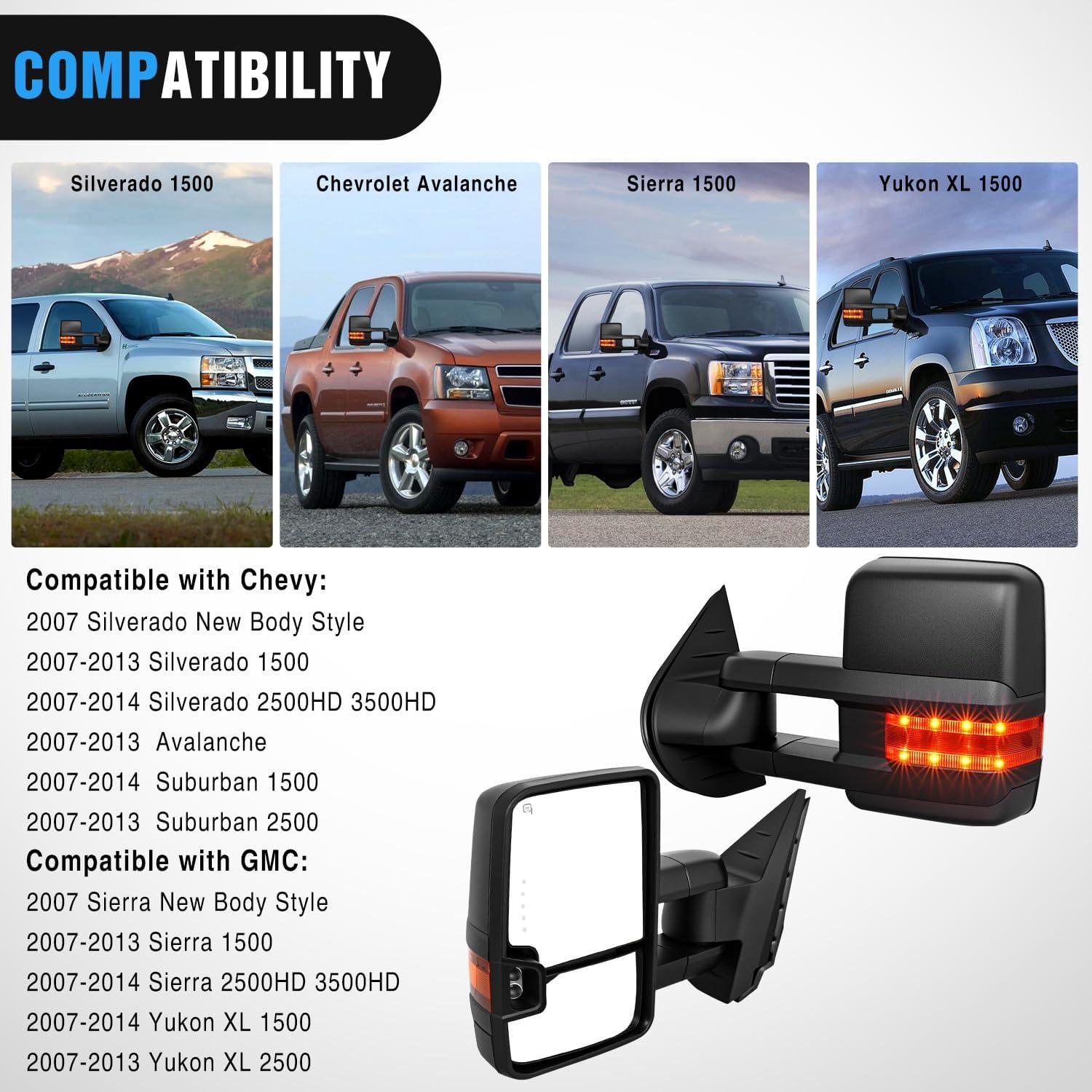 imageNilight Towing Mirrors Turn Signal Reverse Puddle Lights Power Heated Adjustable Glass Manual Telescoping Folding Compatible With 20072014 Chevy Silverado GMC Sierra Yukon XL