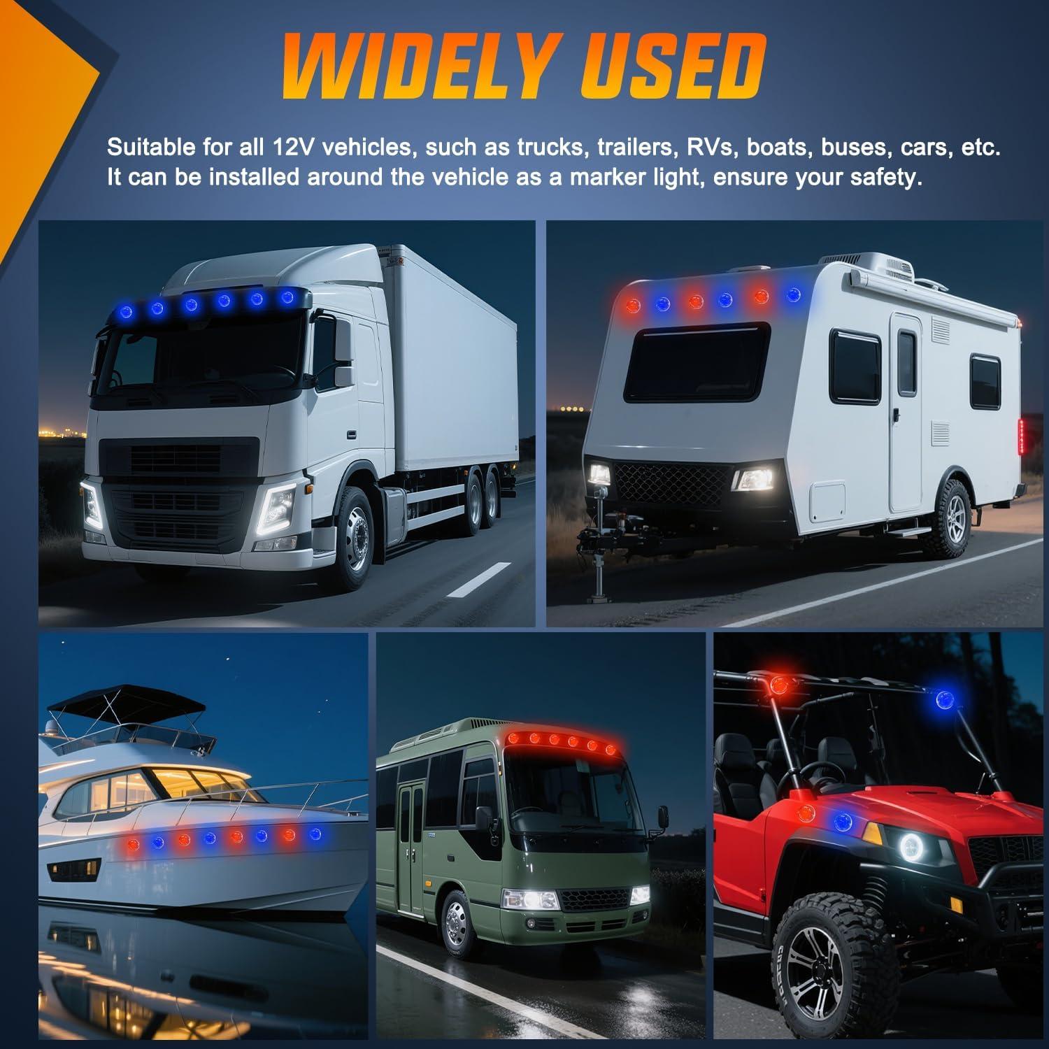 imageNilight 34 LED Dual Face Watermelon Light 2PCS Amber and Red Clear Lens Auxiliary Side Marker Clearance Turn signal Brake Pedestal Lights IP68 Waterproof for Trailer Semi Trucks Pickup Camper RVRed Blue