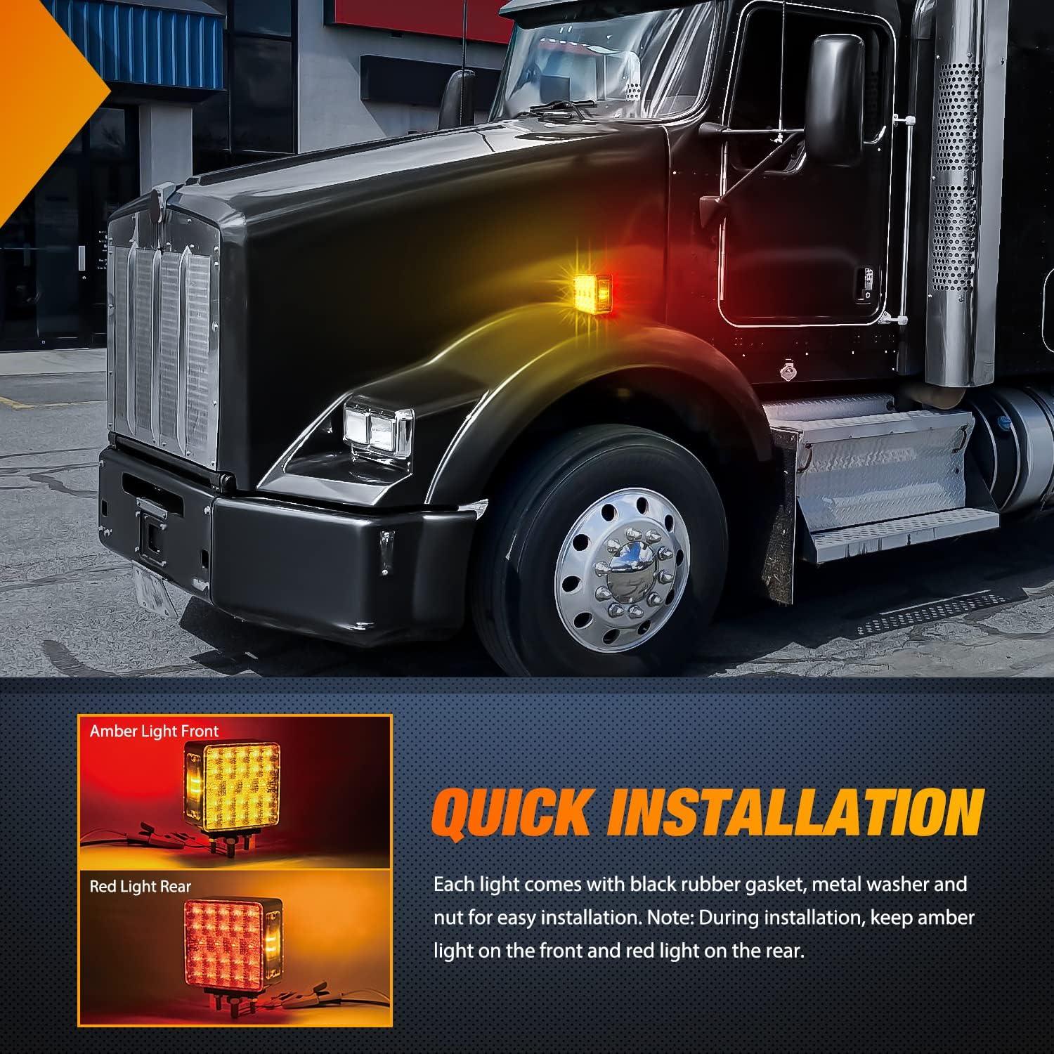 imageNilight Square Double Face Fender Pedestal Light 2PCS 52LED Amber Red Brake Turn Marker Tail Lights w 3 Studs Mount for Mack Kenworth Freightliner Truck Towing Trailer2Pcs Square Fender Light