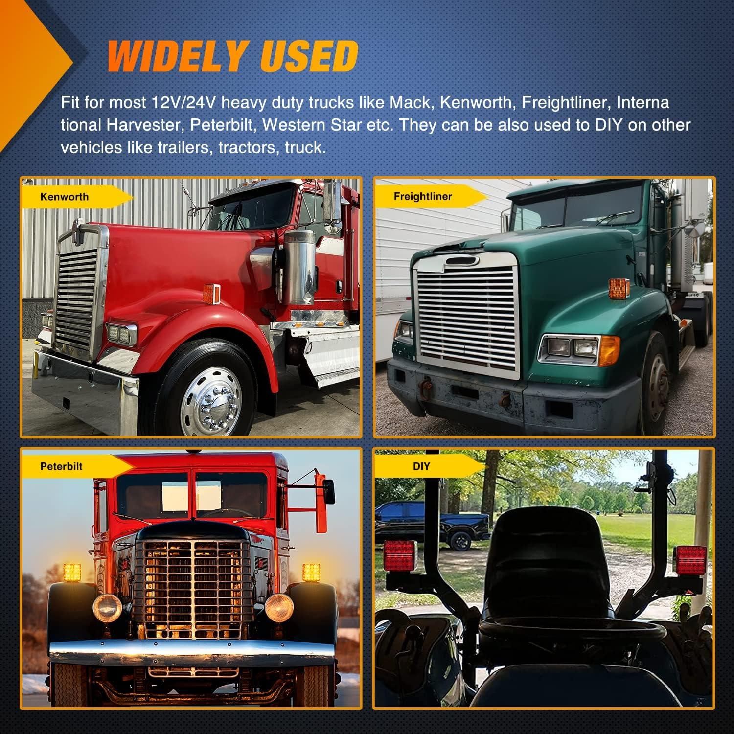 imageNilight Square Double Face Fender Pedestal Light 2PCS 52LED Amber Red Brake Turn Marker Tail Lights w 3 Studs Mount for Mack Kenworth Freightliner Truck Towing Trailer2Pcs Square Fender Light