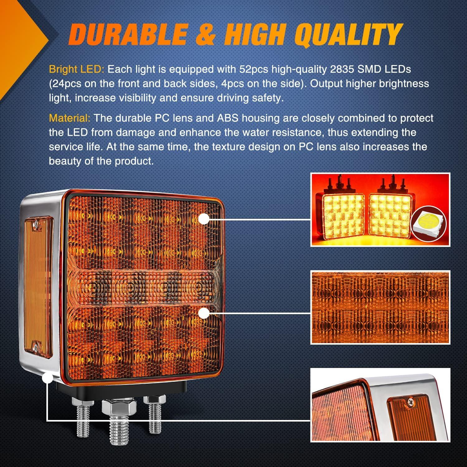 imageNilight Square Double Face Fender Pedestal Light 2PCS 52LED Amber Red Brake Turn Marker Tail Lights w 3 Studs Mount for Mack Kenworth Freightliner Truck Towing Trailer2Pcs Square Fender Light