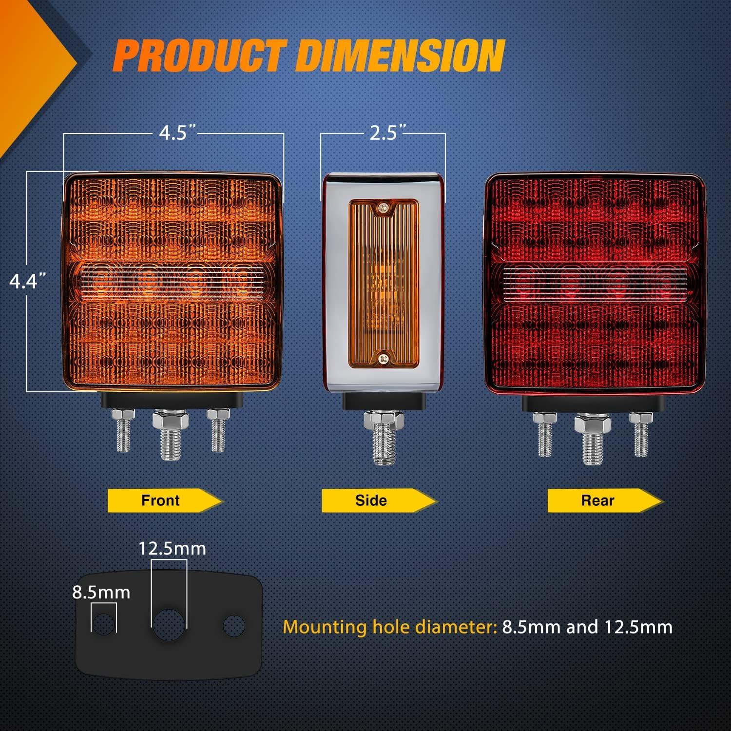 imageNilight Square Double Face Fender Pedestal Light 2PCS 52LED Amber Red Brake Turn Marker Tail Lights w 3 Studs Mount for Mack Kenworth Freightliner Truck Towing Trailer2Pcs Square Fender Light
