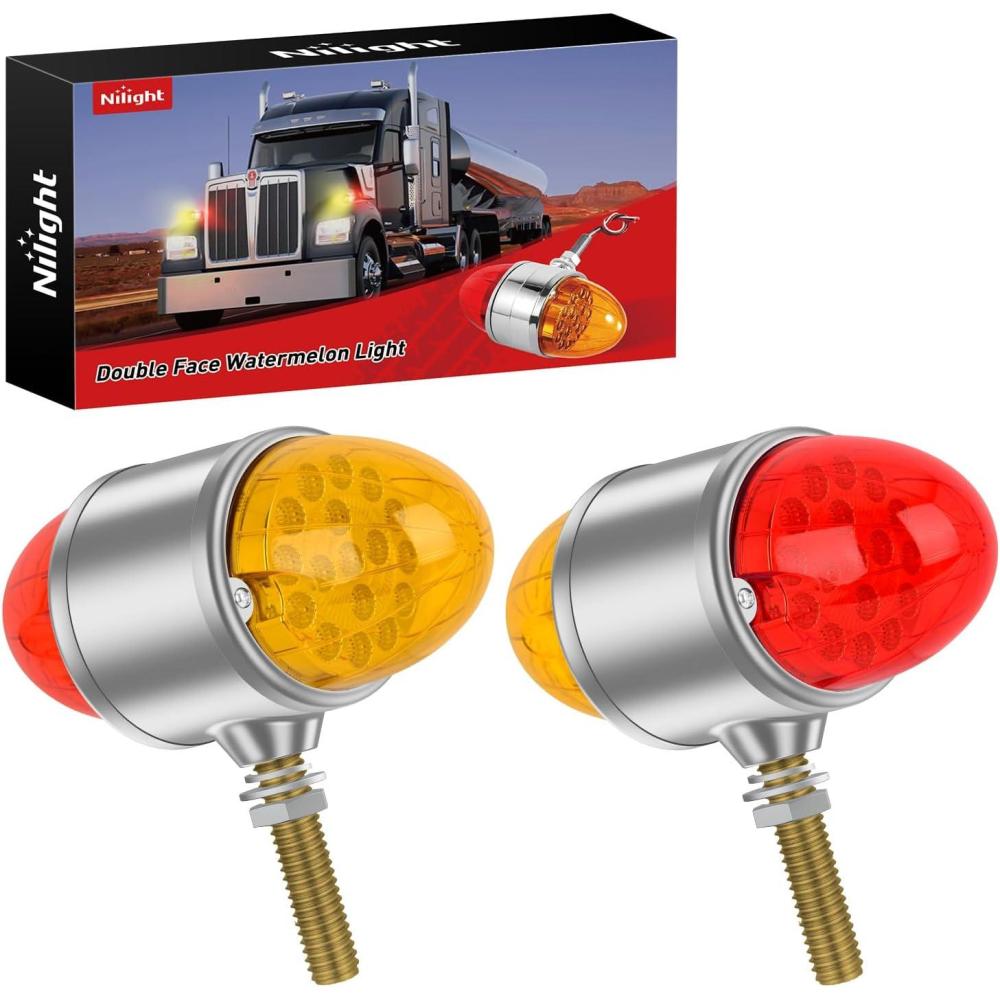 imageNilight 34 LED Dual Face Watermelon Light 2PCS Amber and Red Clear Lens Auxiliary Side Marker Clearance Turn signal Brake Pedestal Lights IP68 Waterproof for Trailer Semi Trucks Pickup Camper RVAmber Red