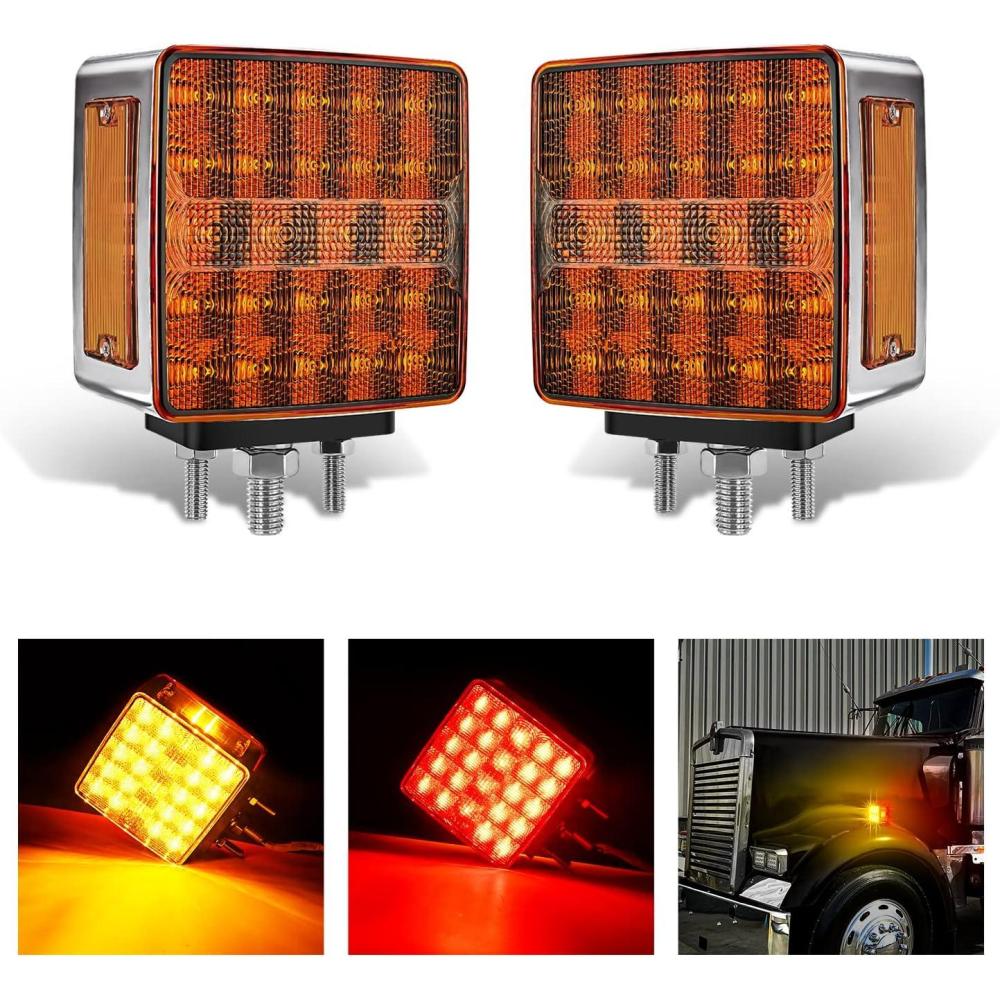 imageNilight Square Double Face Fender Pedestal Light 2PCS 52LED Amber Red Brake Turn Marker Tail Lights w 3 Studs Mount for Mack Kenworth Freightliner Truck Towing Trailer2Pcs Square Fender Light