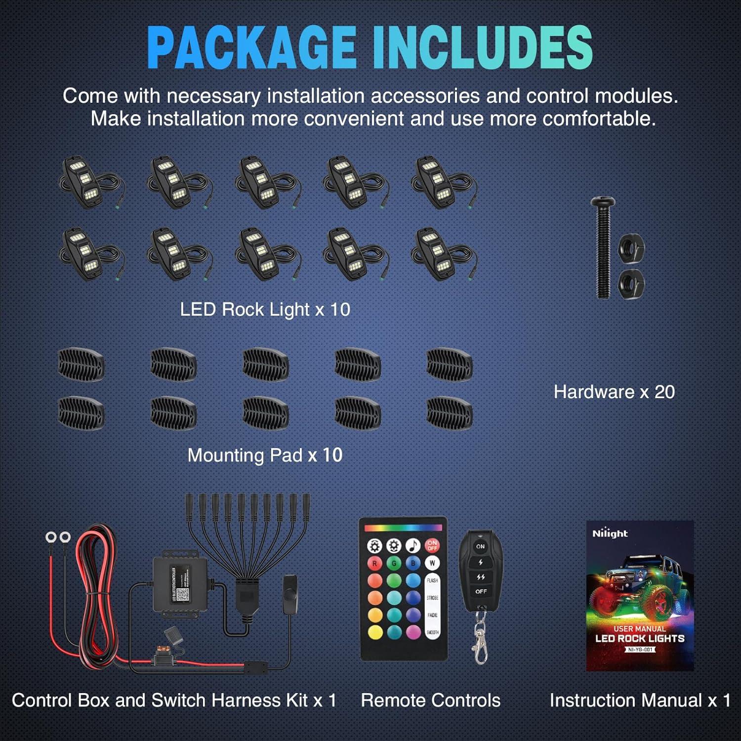 imageNilight RGBW LED Rock Lights Kit 10 Pods 22LED Wide Angle Remote ampamp Bluetooth App Dual Control with Music Modes Multicolor Underglow Neon Wheel Well Light Fit for ATV UTV SUV Offroad Truck RZR Boat