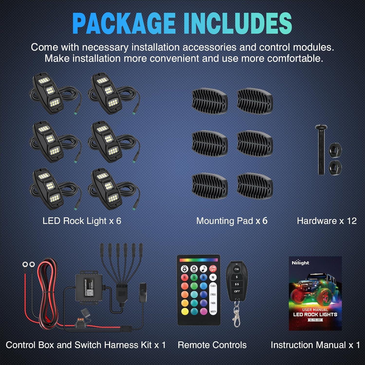 imageNilight RGBW LED Rock Lights Kit 6 Pods 22LED Wide Angle Remote ampamp Bluetooth App Dual Control with Music Modes Multicolor Underglow Neon Wheel Well Light Fit for ATV UTV SUV Offroad Truck RZR Boat