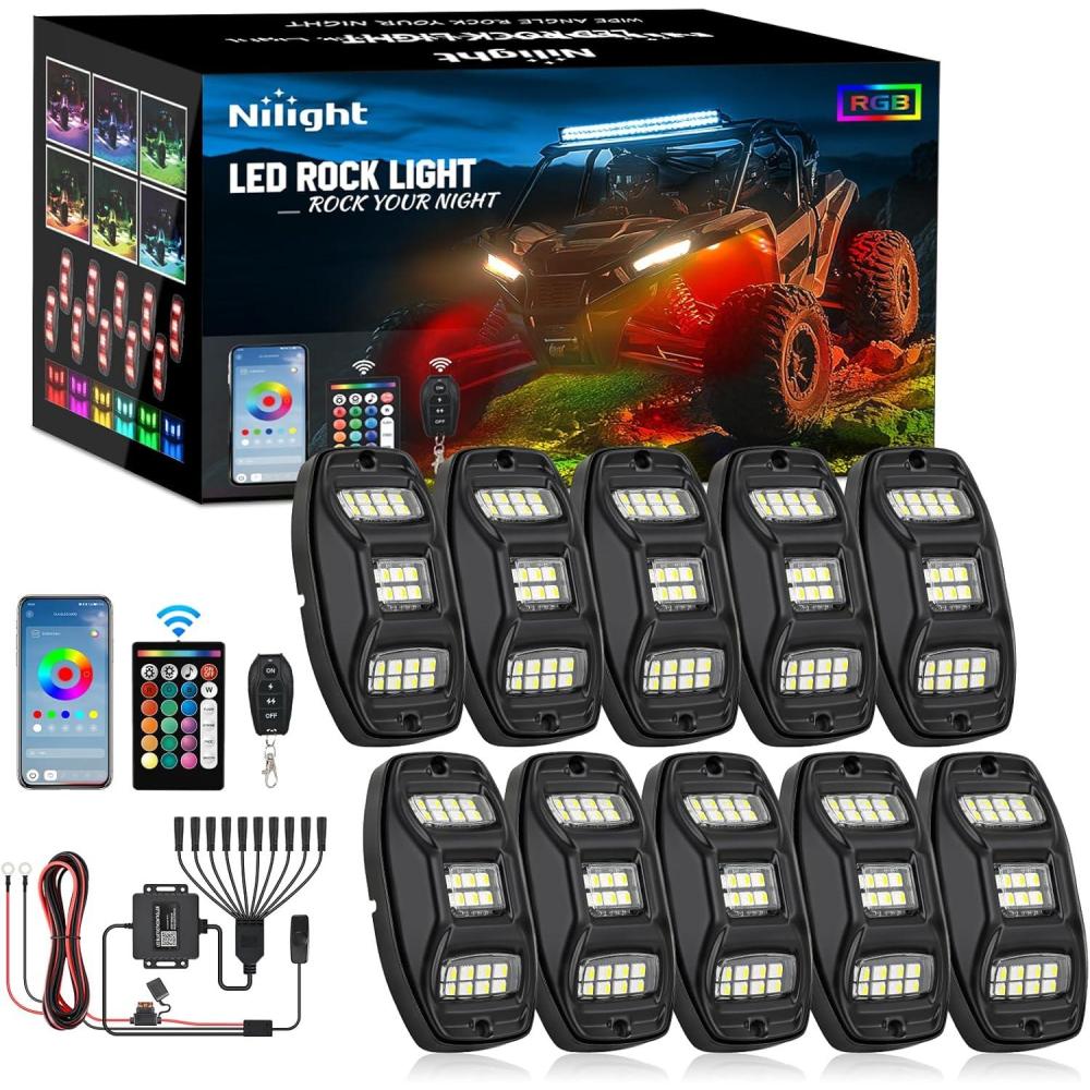 imageNilight RGBW LED Rock Lights Kit 10 Pods 22LED Wide Angle Remote ampamp Bluetooth App Dual Control with Music Modes Multicolor Underglow Neon Wheel Well Light Fit for ATV UTV SUV Offroad Truck RZR Boat