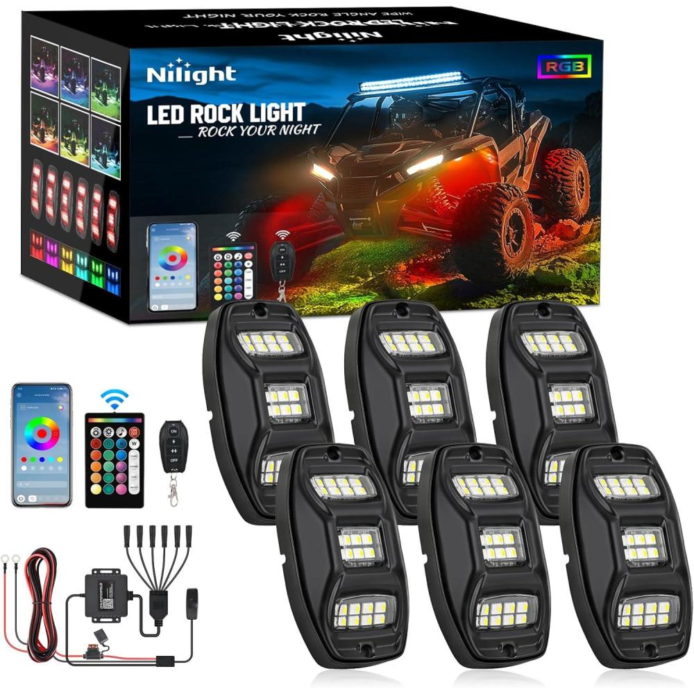 imageNilight RGBW LED Rock Lights Kit 6 Pods 22LED Wide Angle Remote ampamp Bluetooth App Dual Control with Music Modes Multicolor Underglow Neon Wheel Well Light Fit for ATV UTV SUV Offroad Truck RZR Boat