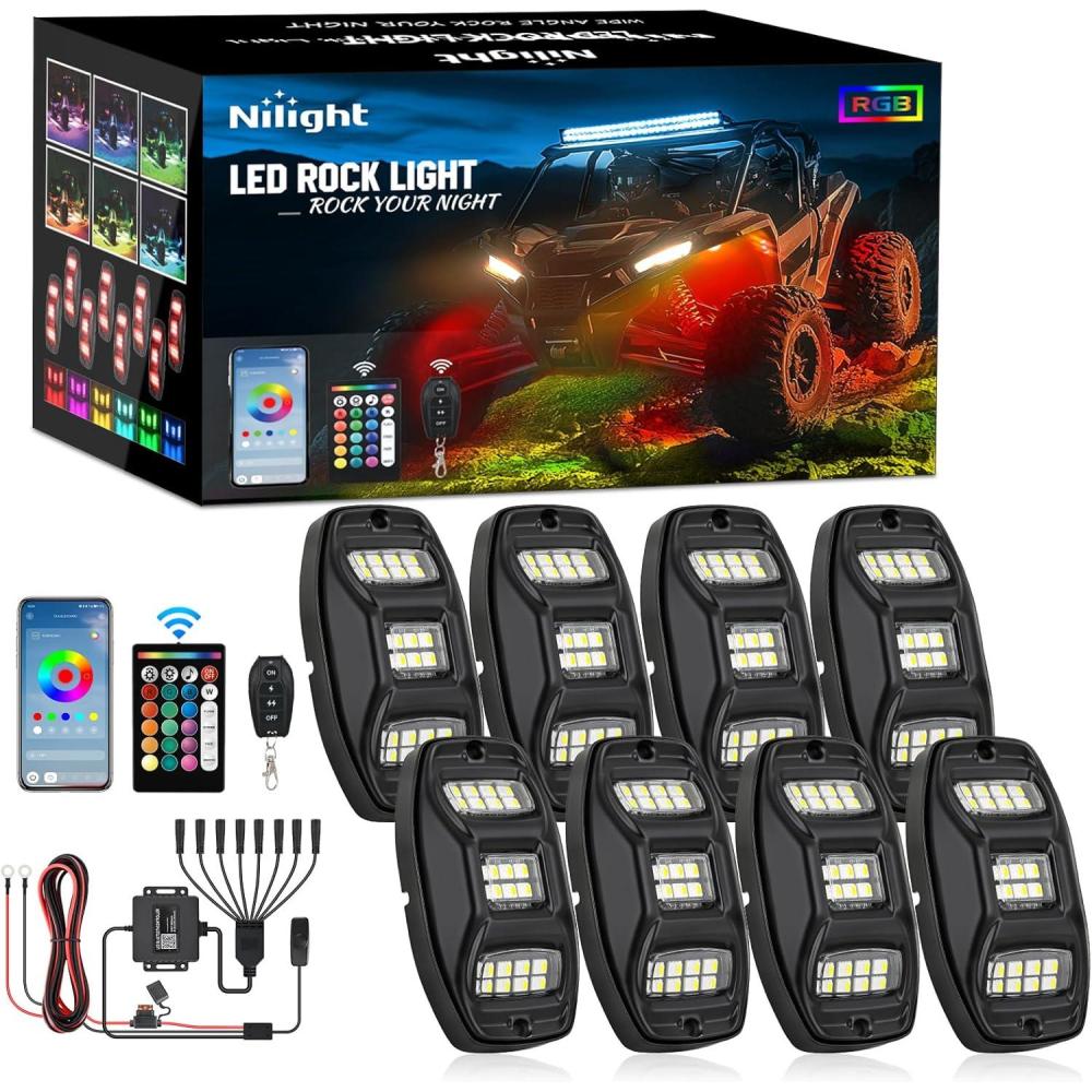 imageNilight RGBW LED Rock Lights Kit 8 Pods 22LED Wide Angle Remote ampamp Bluetooth App Dual Control with Music Modes Multicolor Underglow Neon Wheel Well Light Fit for ATV UTV SUV Offroad Truck RZR Boat