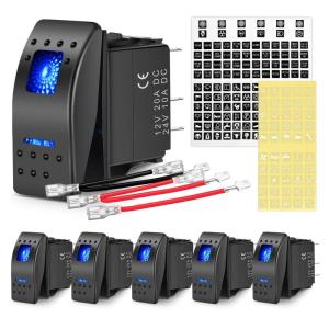 imageNilight 6 Pack Rocker Switches with Night Glow Stickers 5 PIN SPST Rocker Switches with Green Backlit 12V24V Toggle Switches for Cars Trucks RVs Boats Auto Motorcycles2 Years WarrantyBlue 6 PCS