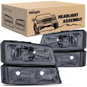 imageNilight Taillight Assembly Compatible with 2003 2004 2005 2006 Chevy Silverado 1500 1500HD 2500 2500HD 3500 2007 Chevrolet Classic Incandescent Type Upgrade LED Tube Tail Lights Rear Brake LampsSmoke Chrome Housing Clear Reflector