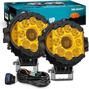 imageNilight 7 Inch LED Offroad Driving Lights High Low Beam 2 PCS 80W Round White Light Side Shooter Spot Flood Fog Light Pod w 16 AWG DT Connector Wiring Harness Kit for Jeep Truck ATV UTV SUVAmber Side Shooter Light Kit 7